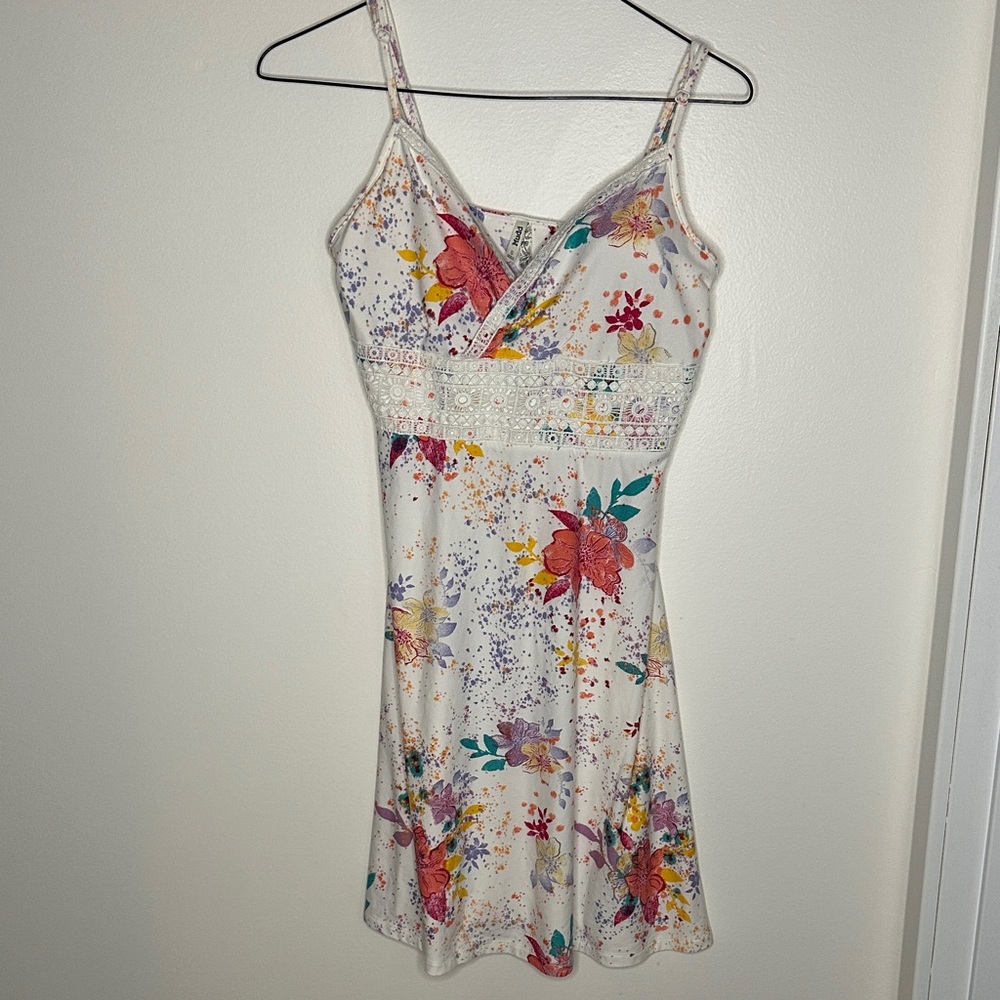 Mudd White Floral Mini Dress with Lace Accents